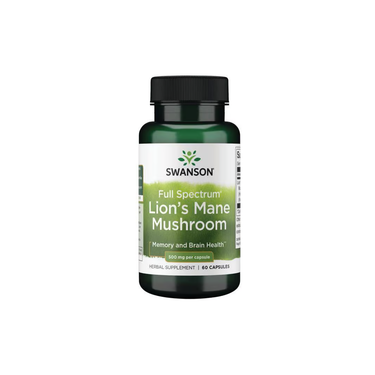 The Swanson Lion's Mane Mushroom supplement contains 60 capsules, each with 500 mg, inspired by traditional Asian medicine for memory and cognitive function.